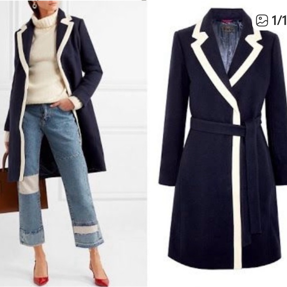 J Crew Women's Navy and White Belted Coat. Megan Markle Style - Picture 2 of 5